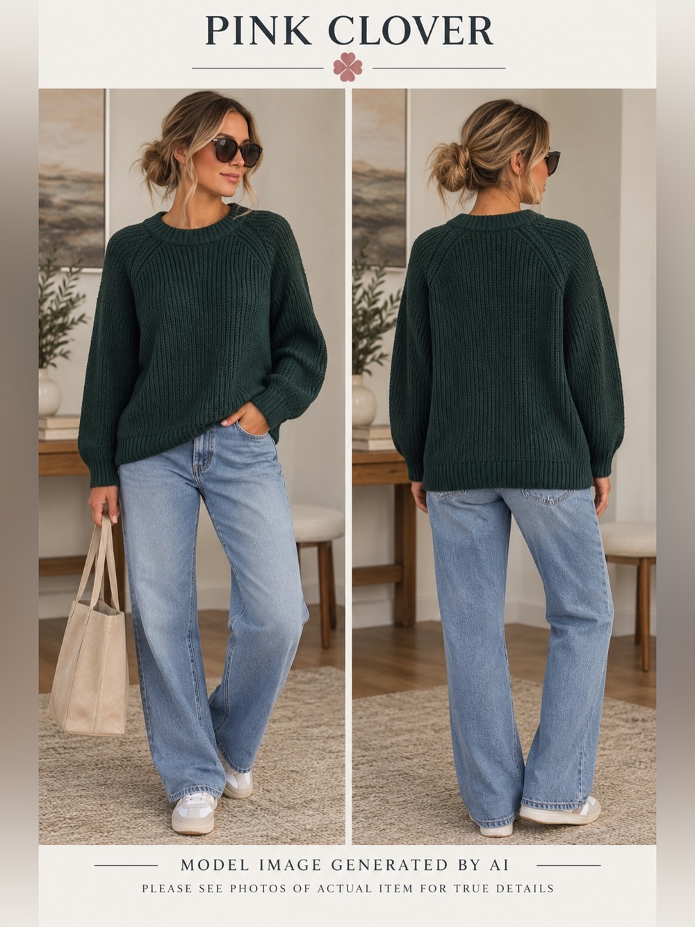 Pink Clover Crew Neck Textured Knit Raglan Sleeve Cozy Minimalist Pullover M